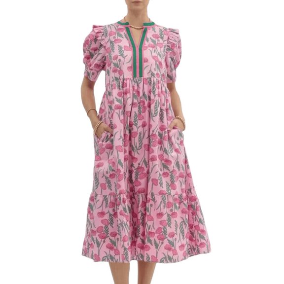Women's Floral Print Puff Sleeve V Neck Tiered Midi Dress Casual Vacation Sundress Rose Pink S