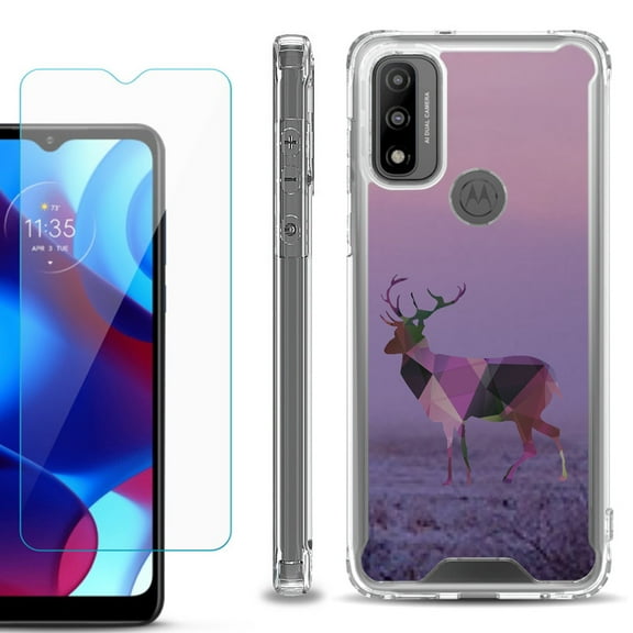 Shockproof Bumper Phone Case for Motorola Moto G Pure, with Tempered Glass Screen Protector, by OneToughShield ® - Deer/Polygon