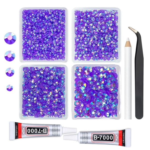 qiipii Diamantes de imitación de resina AB de color morado oscuro con pegamento para joyería B7000 para manualidades deslumbrantes, 3 mm, 4 mm, 5 mm, 6 mm, piedras de jalea violeta con parte posterior