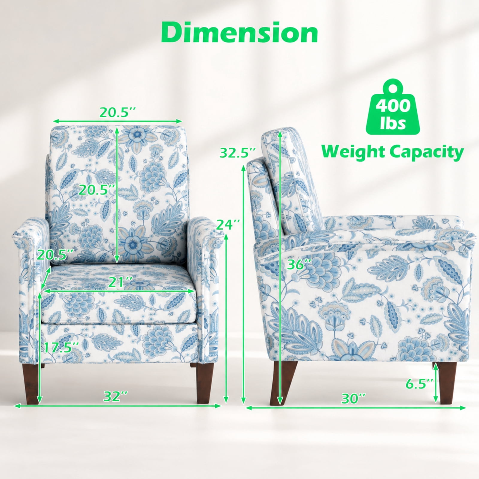 Furnibear Floral Accent Chair Farmhouse Boho Armchair with Solid Wood Legs and High Back for Living Room Bedroom Reading Nook Accent Lounge Home, Blue