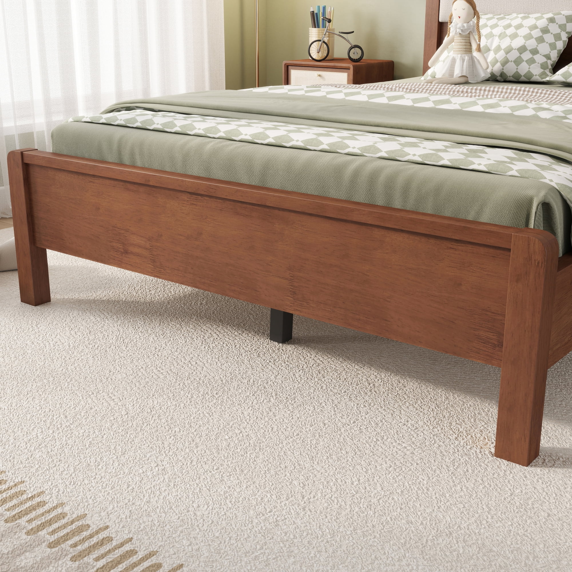 HOQBN Full Solid Rubberwood Bed Frame with Upholstered Headboard, Reinforced Central Support Legs for Bedroom Brown