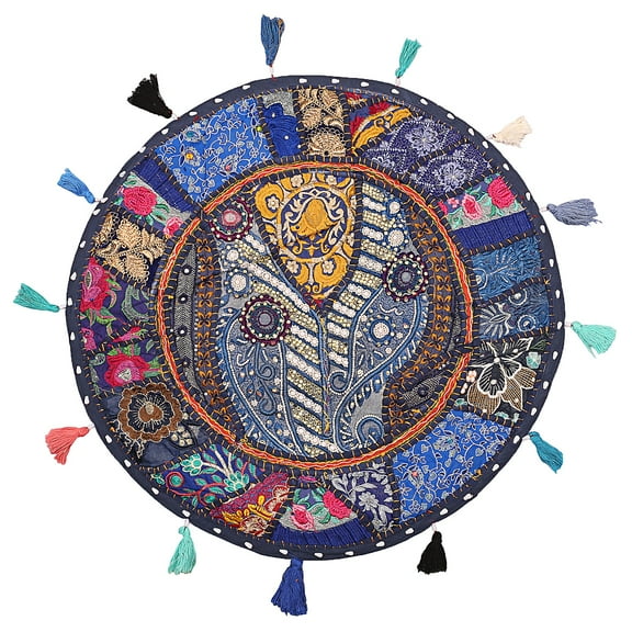 Stylo Culture Indian Floor Cushion Seating Vintage Patchwork Pillow Cover Round Dark Blue 22" Big Floor Pillowcase Decorative Decor Seating Tuffet Seat Pouf Cover Footstool Cotton Embroidered 1 Pc