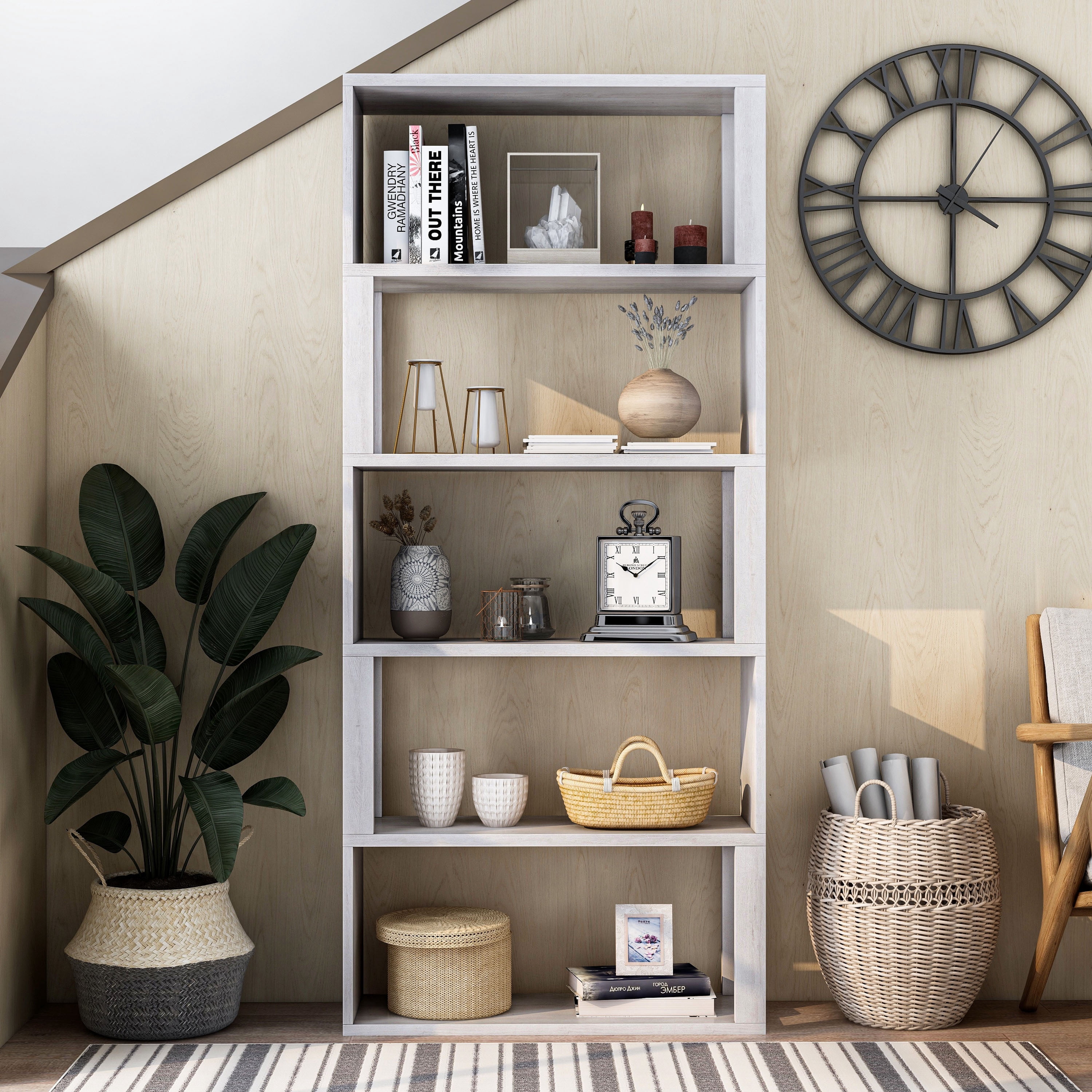 Furniture of America Riverscape 5 Open Shelf Bookcase, White Oak