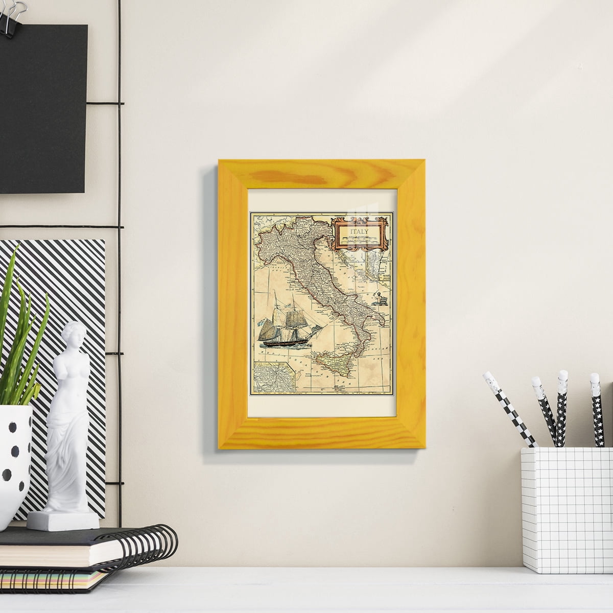Italy Map -Framed Print w/glass-Sunflower Yellow