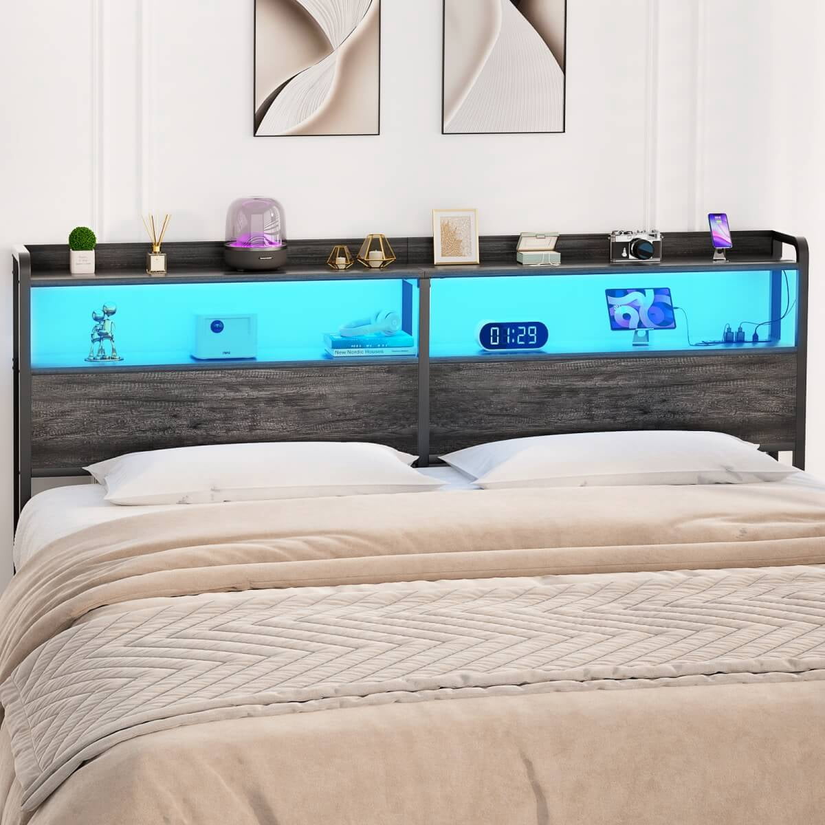 Homieasy Headboard for Queen Size Bed Frame, Headboards with Outlets, USB Ports and LED Light, Head Board with Storage, Height Adjustable, Sturdy and Stable Headboard, Black Oak
