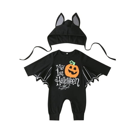 Sunisery Baby Boys Halloween Cosplay Costume Long Sleeves Bat Romper Hat