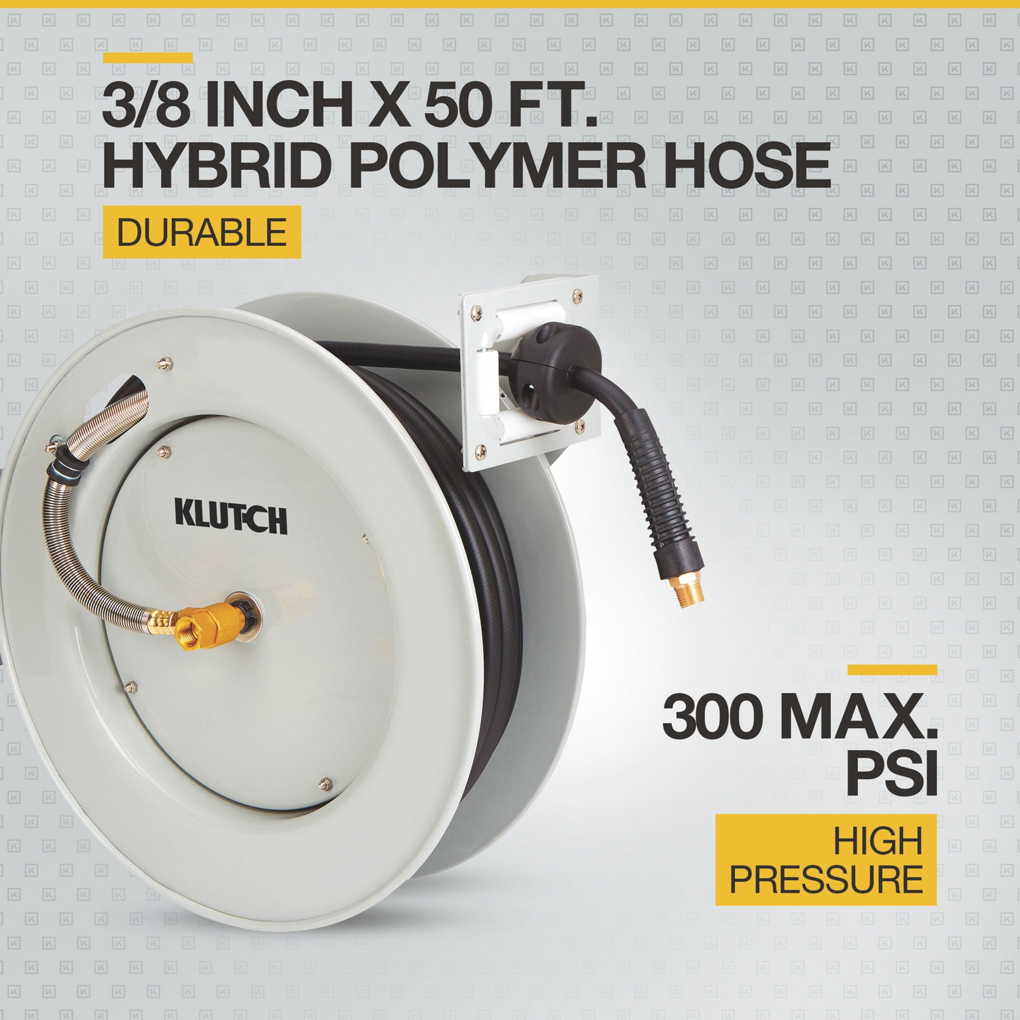 Klutch Auto-Rewind Air Hose Reel, with 3/8in. x 50ft. Hybrid Polymer Hose, 300 Max. PSI