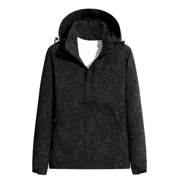 Hontri Women's Casual Jackets, Women's Autumn and Winter Solid Color Maple Print Windproof and Rainproof Hooded Coat Breathable Outdoor Jacket Black L