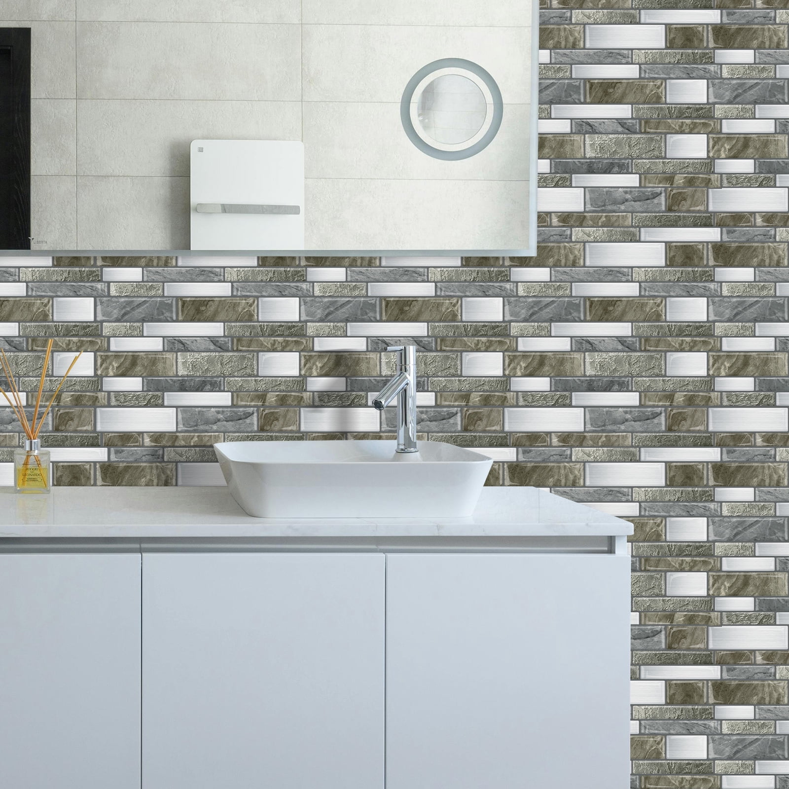 DEWOO Peel and Stick on Self Adhesive Backsplash Wall Marble Tiles Stickers 3D for Kitchen Bathroom,Gray Brown (10-Sheet, 12"×12")
