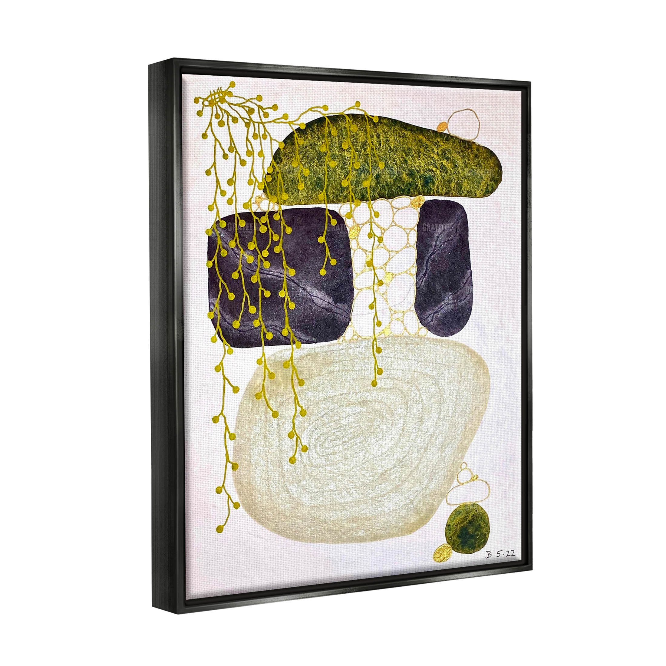 Botanical Mossy Rock Shapes Abstract Graphic Art Jet Black Framed Art Print Wall Art