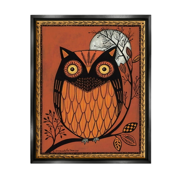 Round Owl Autumn Botanical Border Holiday Graphic Art Jet Black Framed Art Print Wall Art