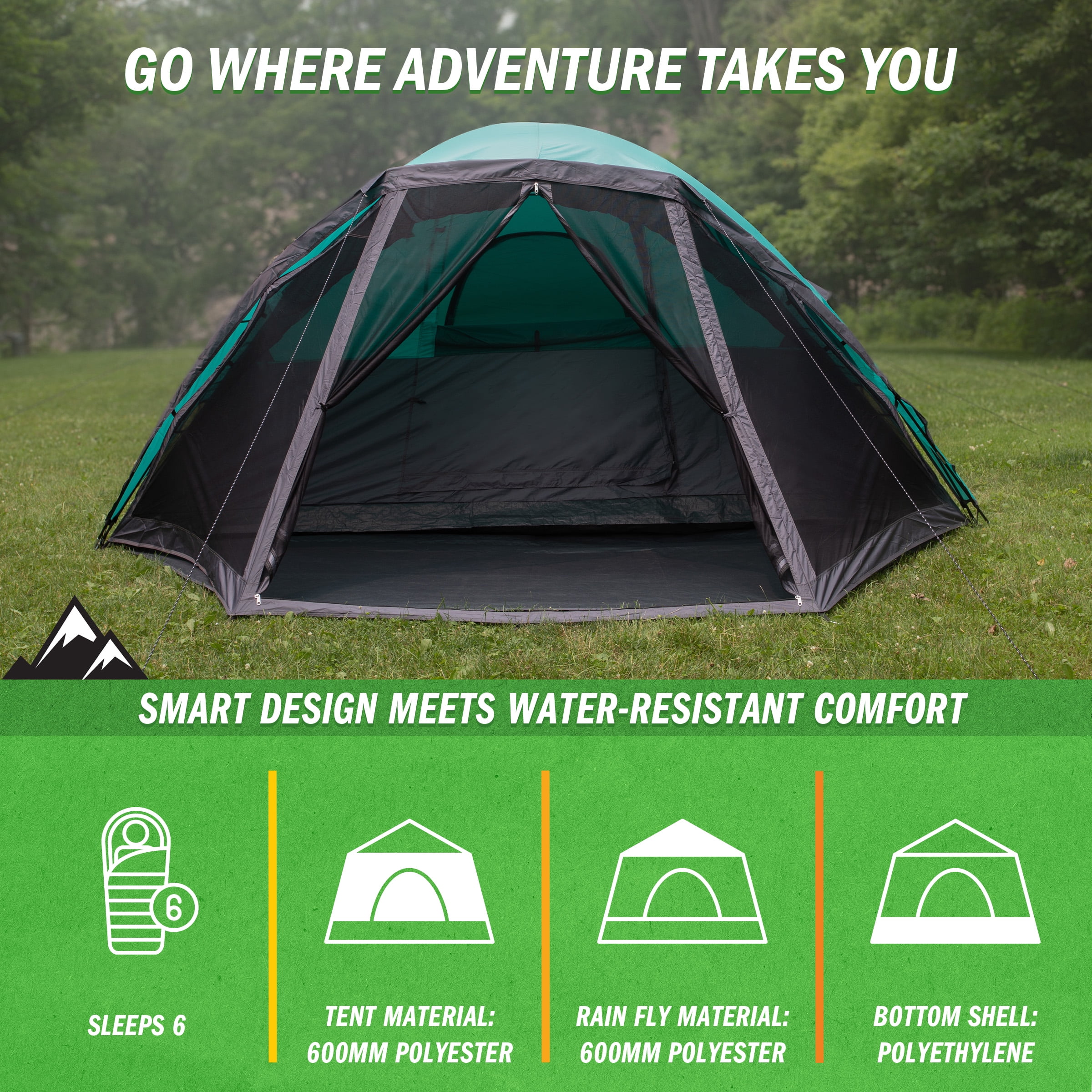 Wakeman Outdoors Cabin-Style 6 Person Camping Tent with Screen Room, Teal