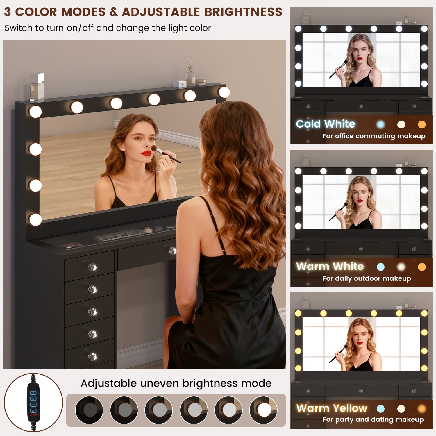 Winkalon Vanity Desk with Mirror and LED Lights, Makeup Vanity with 15 Drawers, Vanity Table with Power Outlet for Bedroom Dressing Room, Black