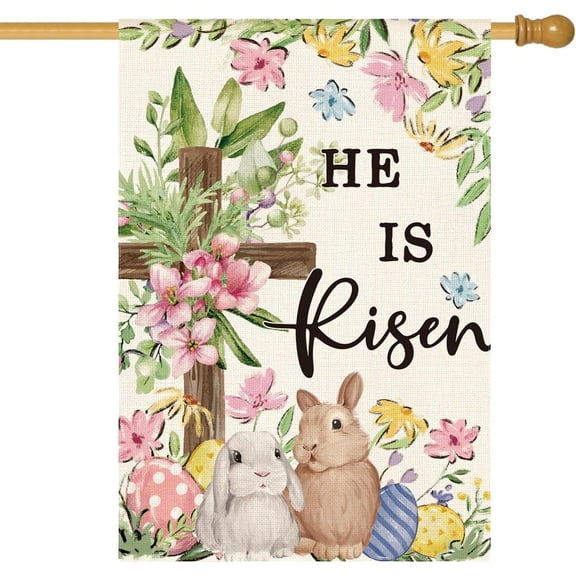 He Is Risen Easter House Flag 28x40 Inch Double Sided Outside, Bunnies Flowers Cross Yard Outdoor Decoration