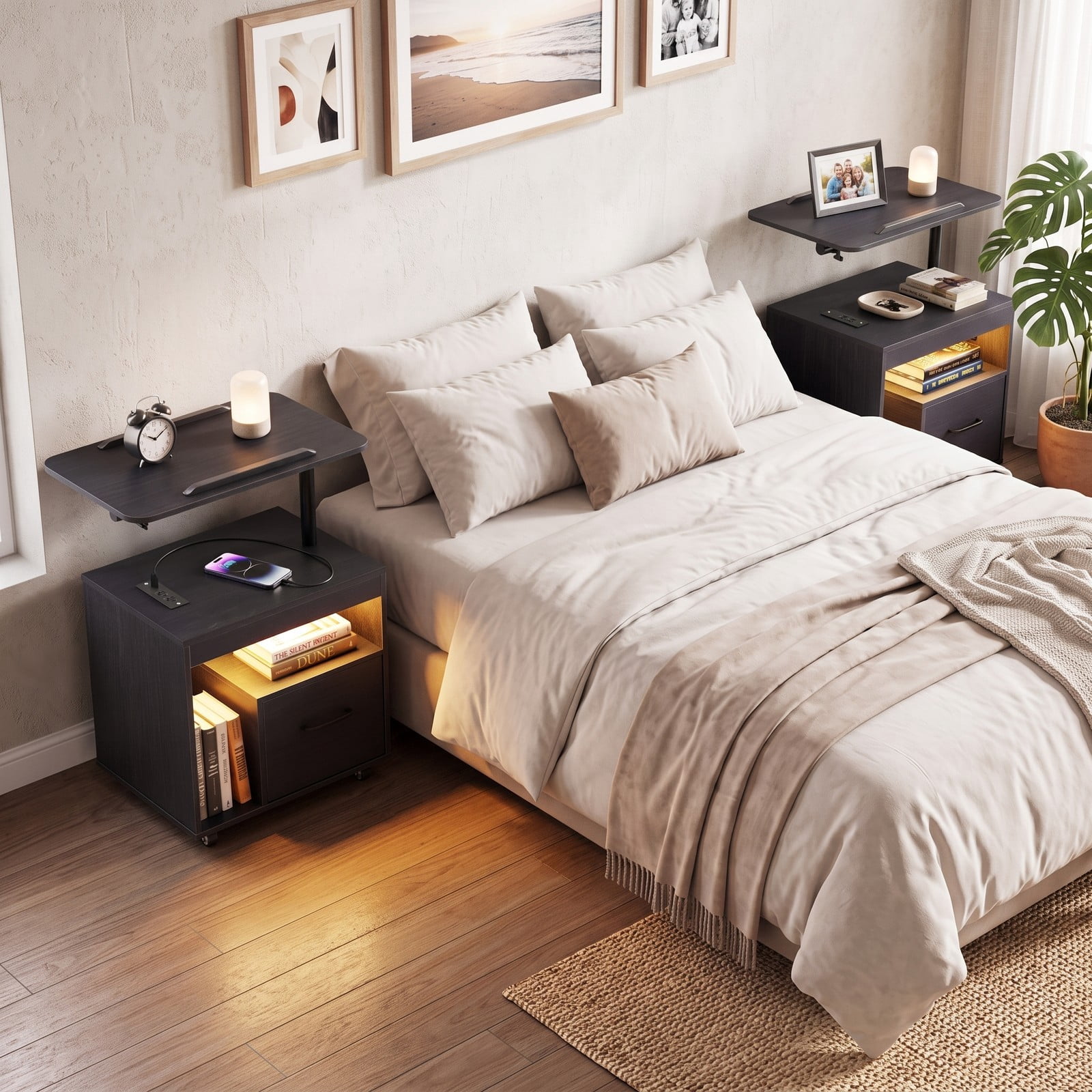 Furnibear LED Nightstand with Charging Station and Flip over Rotatable Tabletop and Drawer for Bedroom and Living Room, Modern Bedside Table, Black