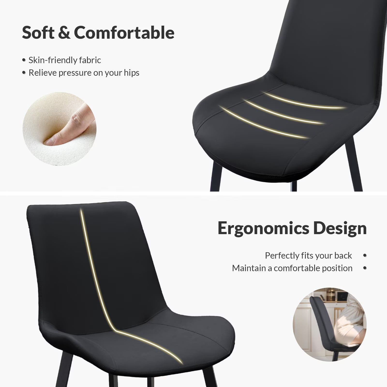 Black PU Leather Dining Chairs Set of 2, Modern Upholstered Kitchen Chairs with Metal Legs, Armless Side Chairs for Dining Room, Restaurant, Living Room & Meeting Room