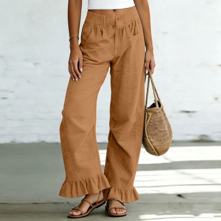 Women's Cotton Linen Wide Leg Pants High Waist Ruffle Hem Casual