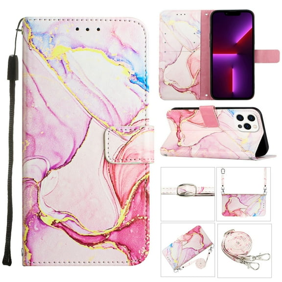 Allytech Compatible with iPhone 14 Pro Wallet Case, Marble Series Premium PU Leather Flip Cover with Card Holder and Kickstand Case with Detachable Shoulder Strap/ Wrist Strap, Rosegold Marble