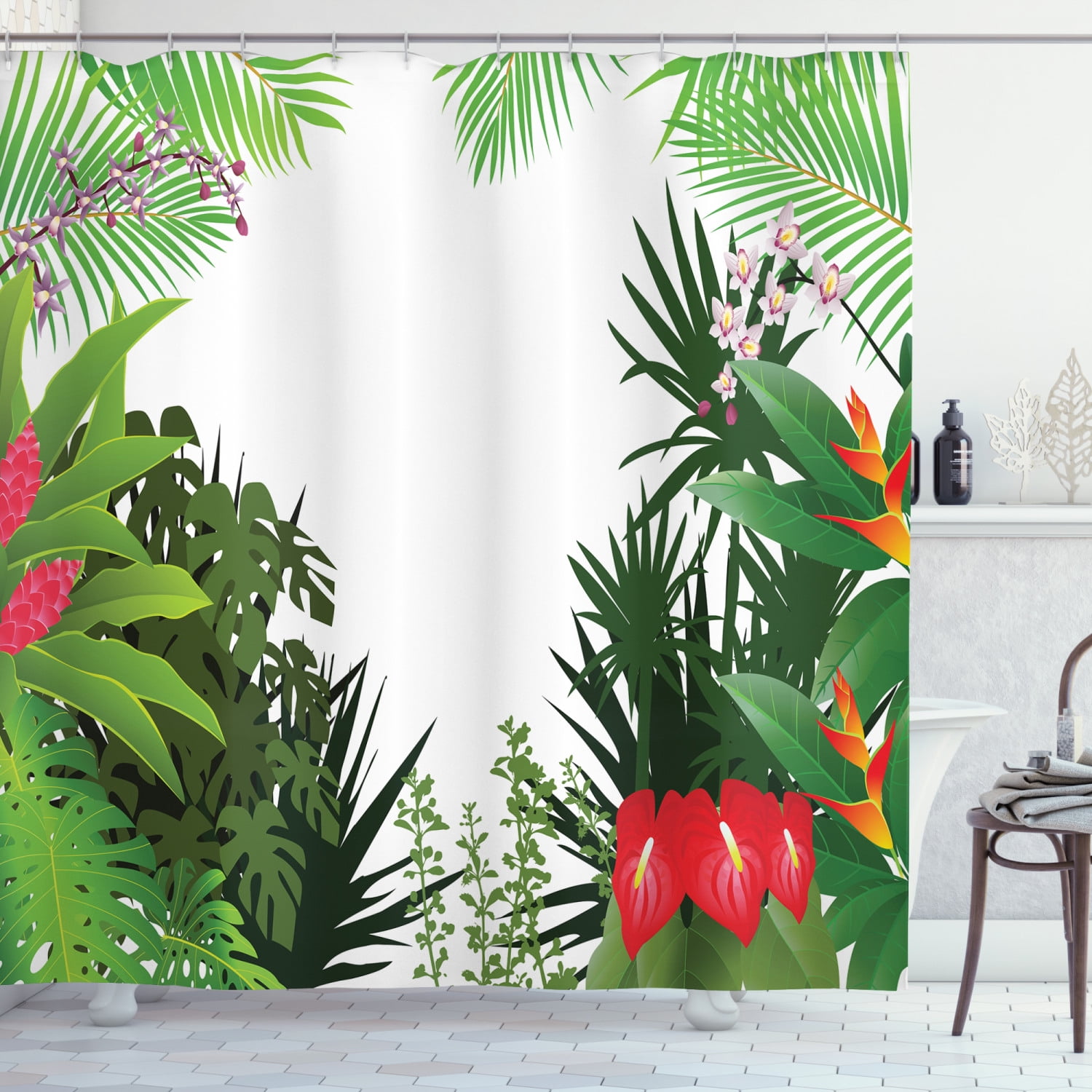 Jungle Shower Curtain, Rainforest Vegetation Tropical Leaves and