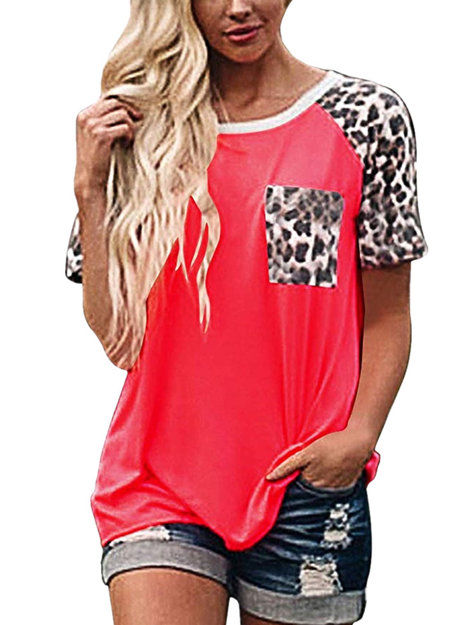 Women's Round Neck Leopard Print Short Sleeve Loose T Shirt Tops Blouse Summer