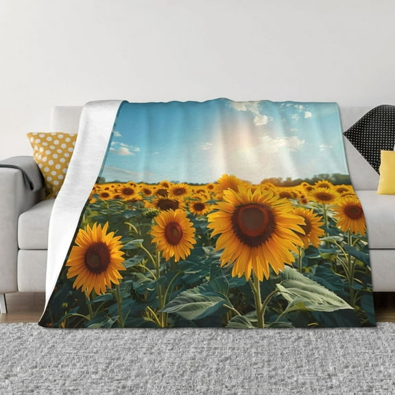Vsdgher Sunlit Sunflower Field Pattern Fleece Throw Blanket, Horizontal Fleece Bedding Home Decor for Couch & Bed All Season Use -50"x40"