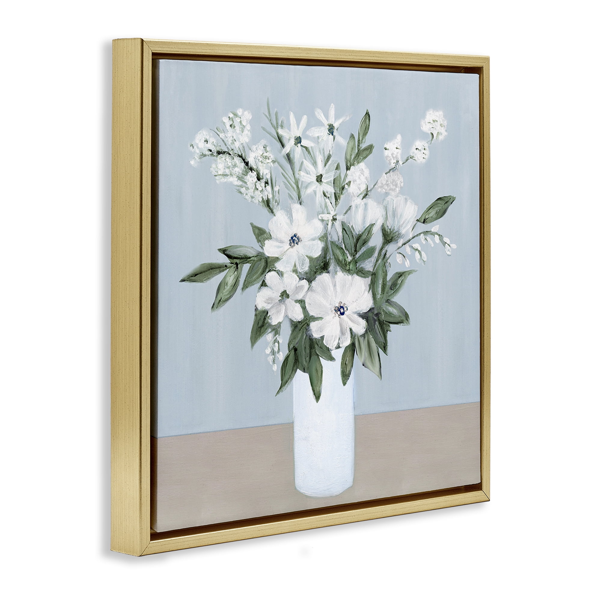 Stupell Industries Mixed White Blooms on Blue Gold Framed Floater Canvas Wall Art, design by Marilyn Dunlap