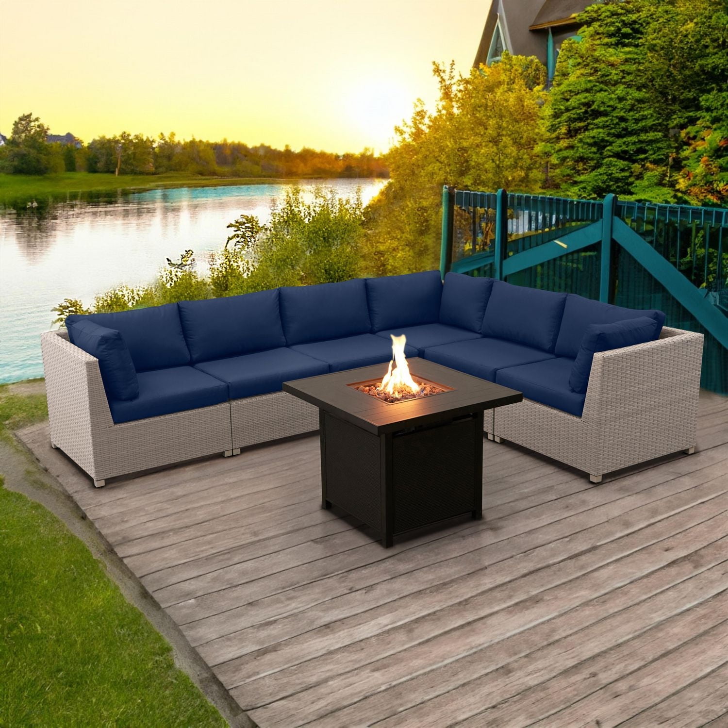 Chambers Bay Collection 7-Piece Aluminum Patio Conversation Set with Navy Cushions and Square Fire Table