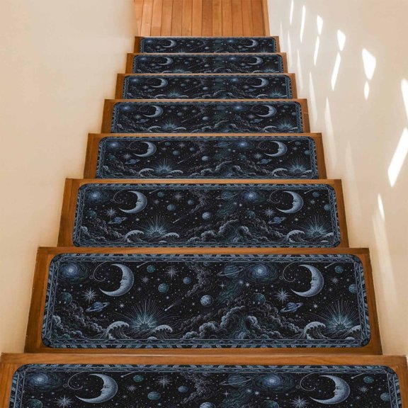 Mystical Midnight Non-Slip Stair Treads for Wooden Steps, 4 Pack 8x30 Inches Carpet Stair Mats with Adhesive Backing, Noise-Reducing Step Covers for Indoor Stairs, Easy to Install & Residue-Free