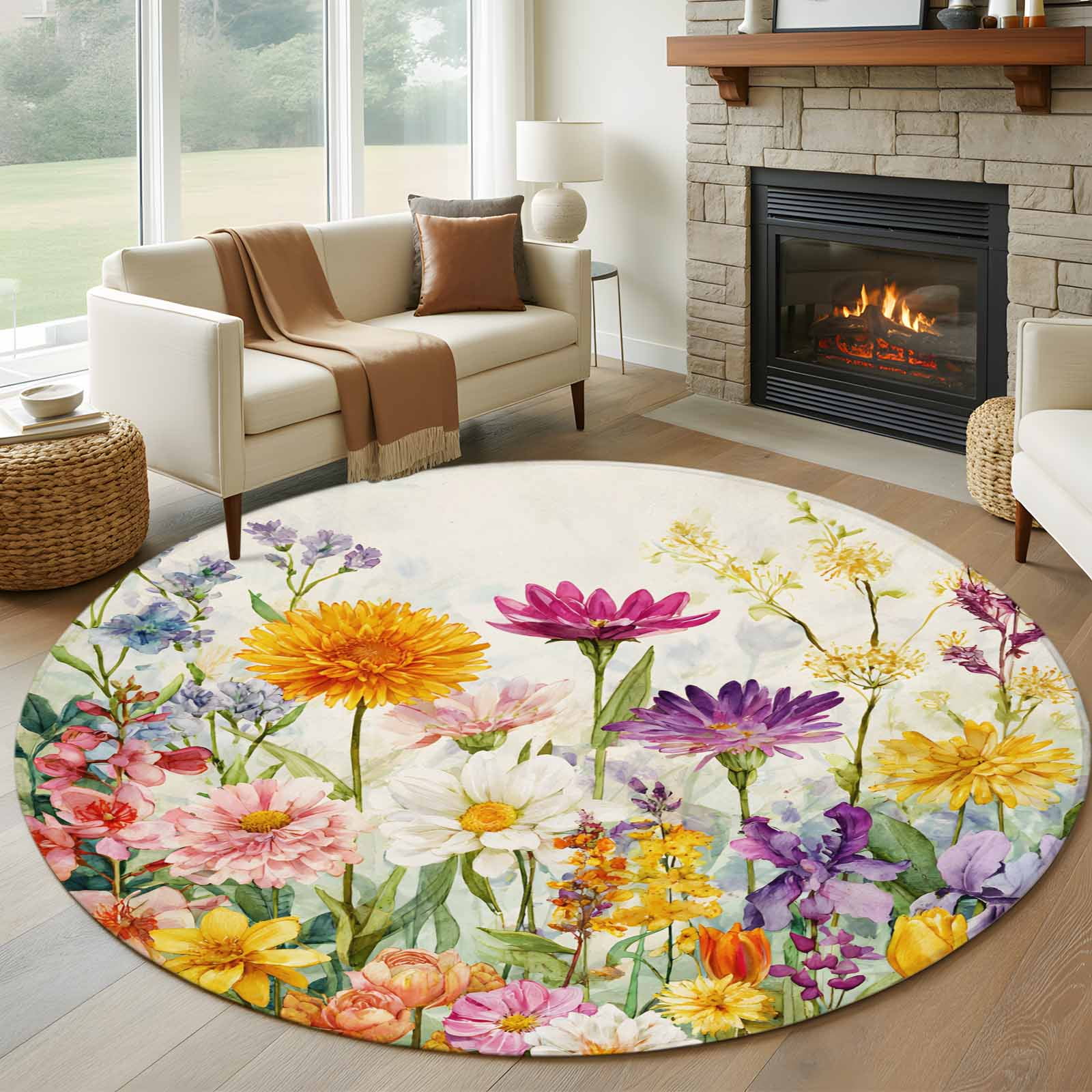 Spring Colorful Floral Round Area Rug 7Ft Washable Circle Rugs for Dorm Laundry Room, Yellow Purple Pastoral Flowers Non-Slip Carpet Floor Mats Indoor Outdoor Carpet Runner Aesthetic Home Decor