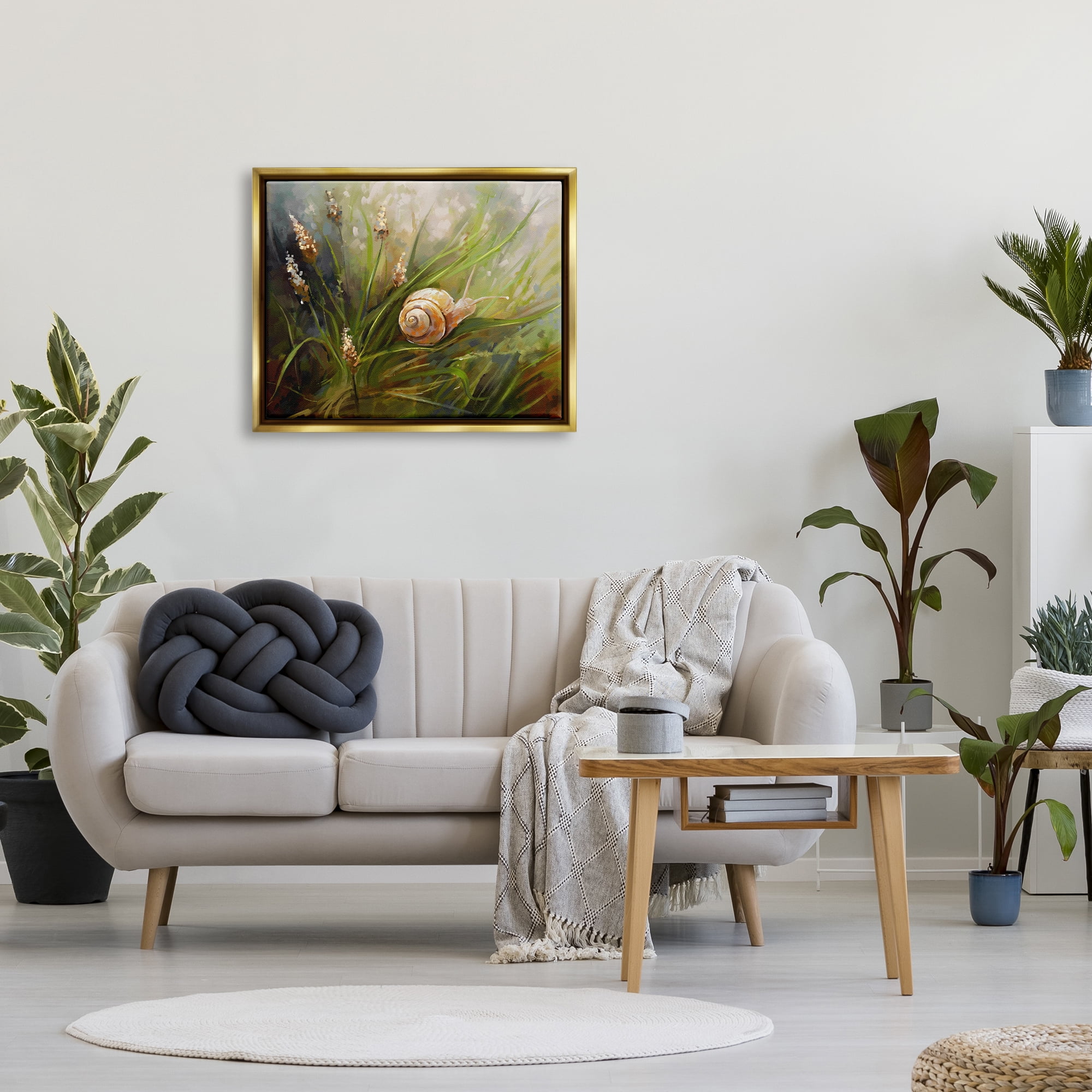 Stupell Industries Snail on Greenery Painting Animals & Insects Painting Gold Floater Framed Canvas Art Print Wall Art, 31 x 25