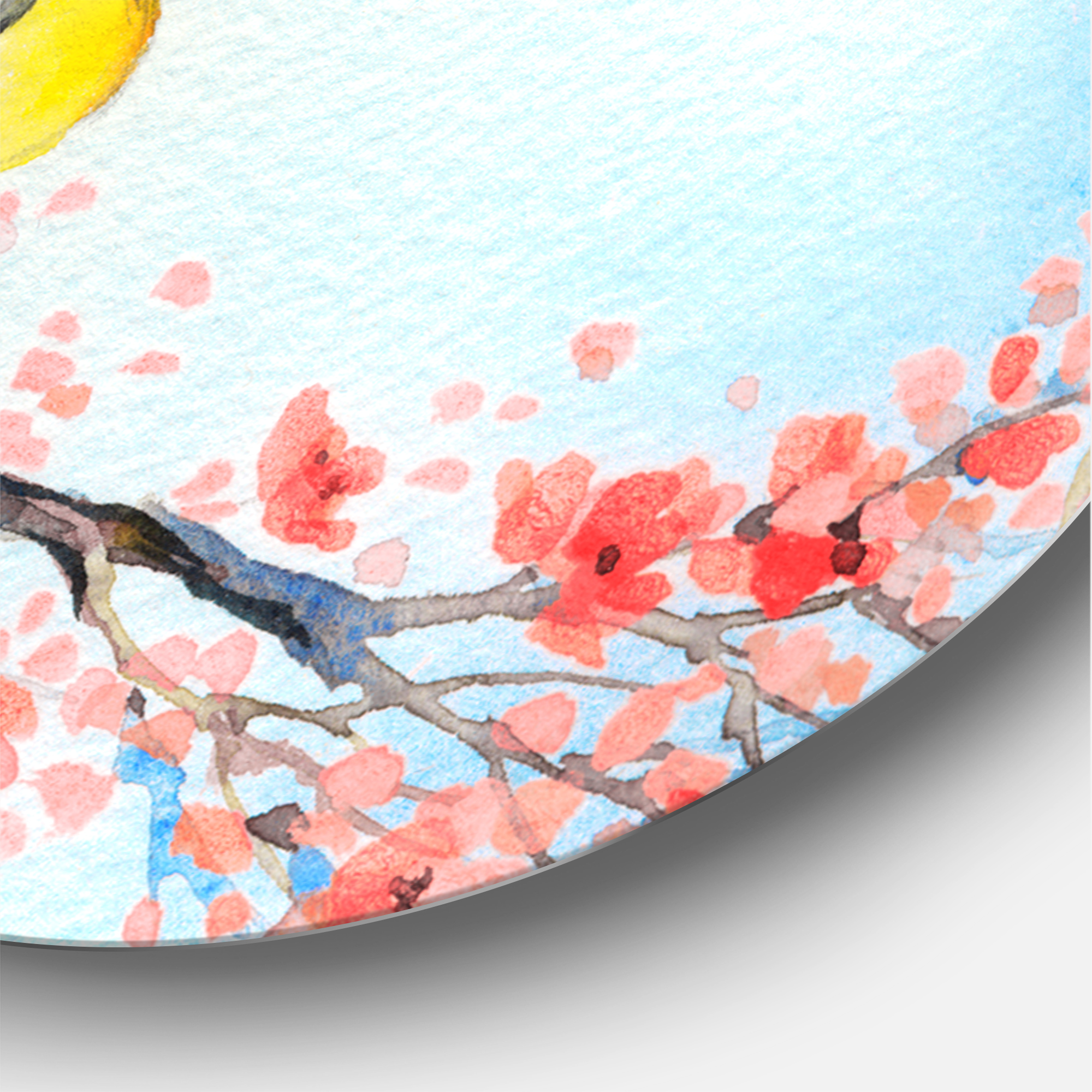 Designart 'Beautiful Red Bird Sitting On Flowering Branch I' Traditional Circle Metal Wall Art 29x29 - Disc of 29
