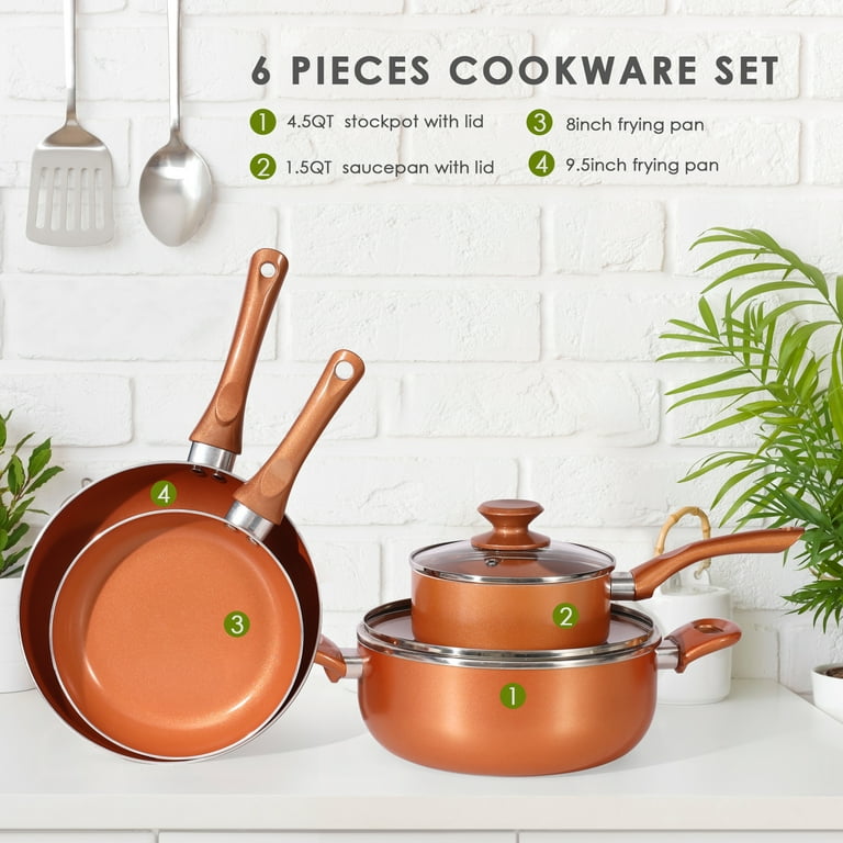 6 Pieces Pots and Pans Set,Aluminum Cookware Set, Nonstick Ceramic Coating,  Fry Pan, Stockpot with Lid, Blue