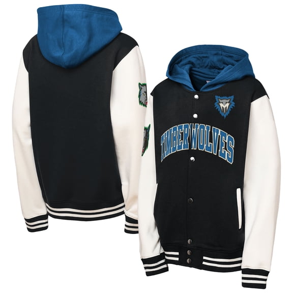 Youth Mitchell & Ness Black Minnesota Timberwolves Hardwood Classics Courtside Fleece Full-Snap Hooded Jacket