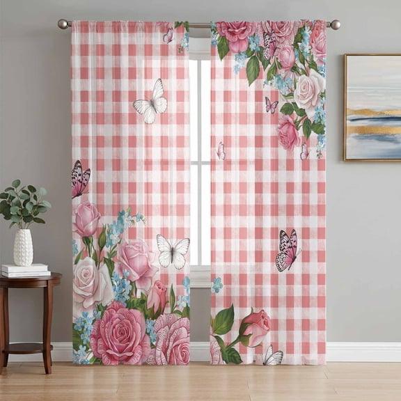 Pink Spring Floral Sheer Curtains 63 Inch Length 2 Panels Set Window Treatments, Watercolor Flowers Butterfly Checkered Rod Pocket Semi Curtains for Living Room/Bedroom/Kitchen Décor, 104"W x 63"L