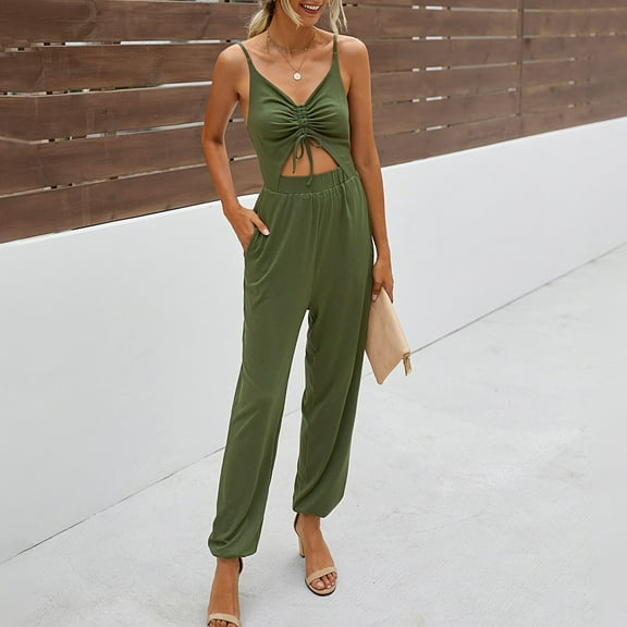 Aayomet Jumpsuits For Women Women's Rompers V Spaghetti Neck Summer High Jumpsuits Straps Waist Smocked Cutout With Pockets,Green XL