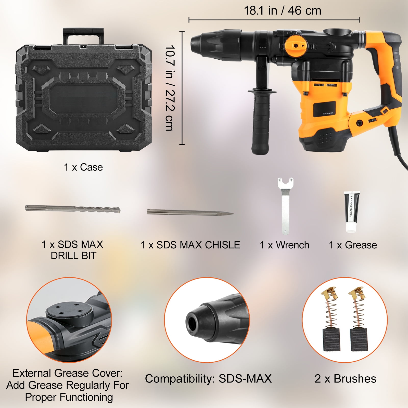 KFFKFF 1-9/16 Inch SDS-Max Rotary Hammer Drill, 13Amp Corded Tool, Durable Chipping Hammer with Vibration Reduction & Safety Clutch, Electric Demolition Drill with Adjustable Speed