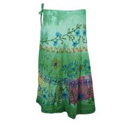 Mogul Womens Tie Dye Green Rayon Wrap Skirt Floral Embroidered Cover Up Skirts