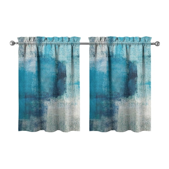 Kitchen Window Curtains over Sink Turquoise and Grey Abstract Art Painting Small Window Treatment White Cafe Short Curtains for Bathroom Tier Drapes 27.5x36inch