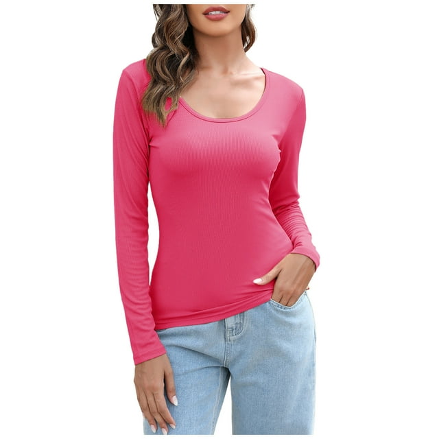 Timegard Tops for Women Scoop Neck Ribbed Long Sleeve Slim Undershirts Casual Comfy Tops Basic Tee