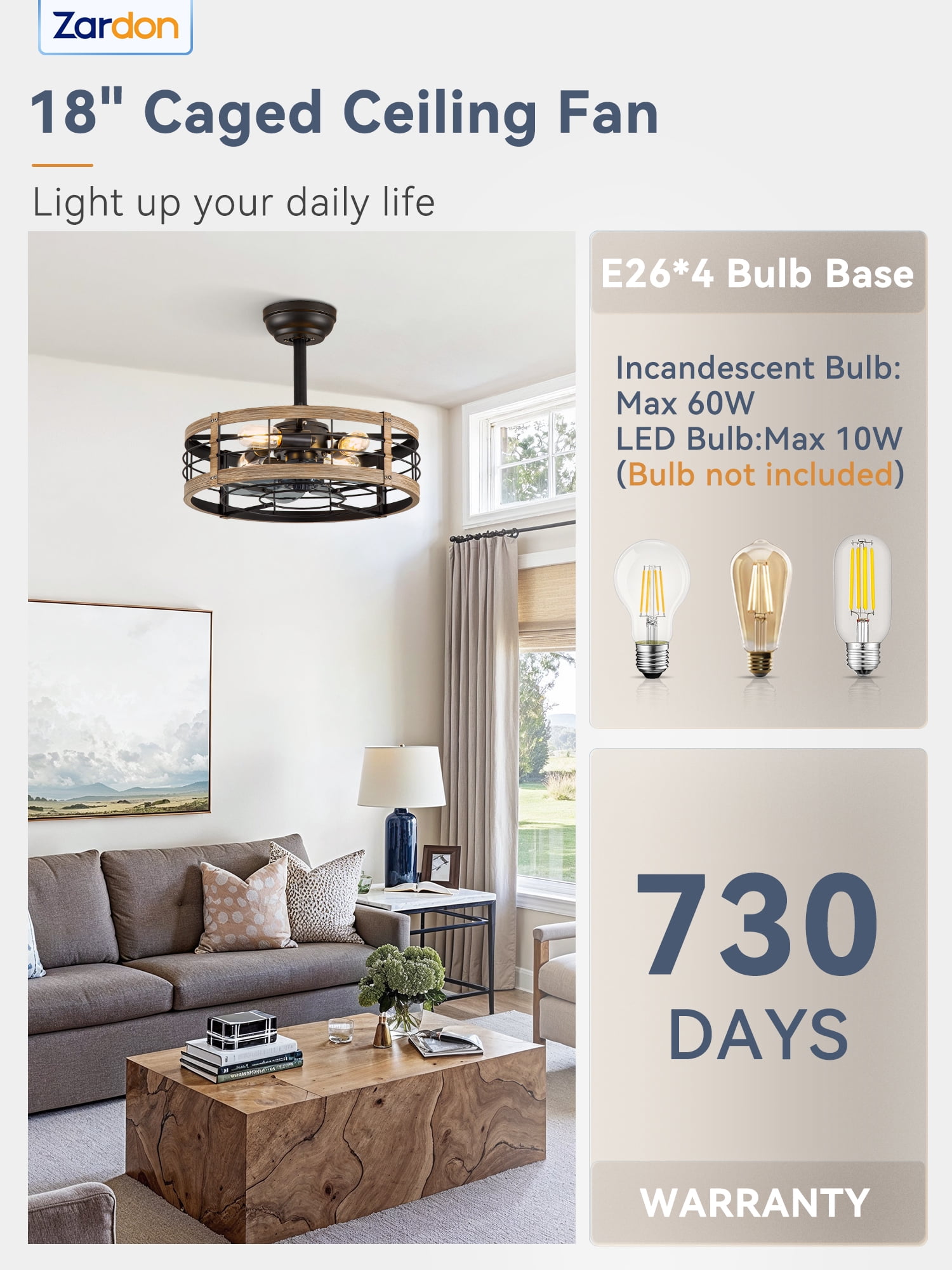 Zardon 18" Brown Antique Caged Indoor Ceiling Fan with Quiet DC Motor,  LED Lights, Remote Control, 6 Speeds