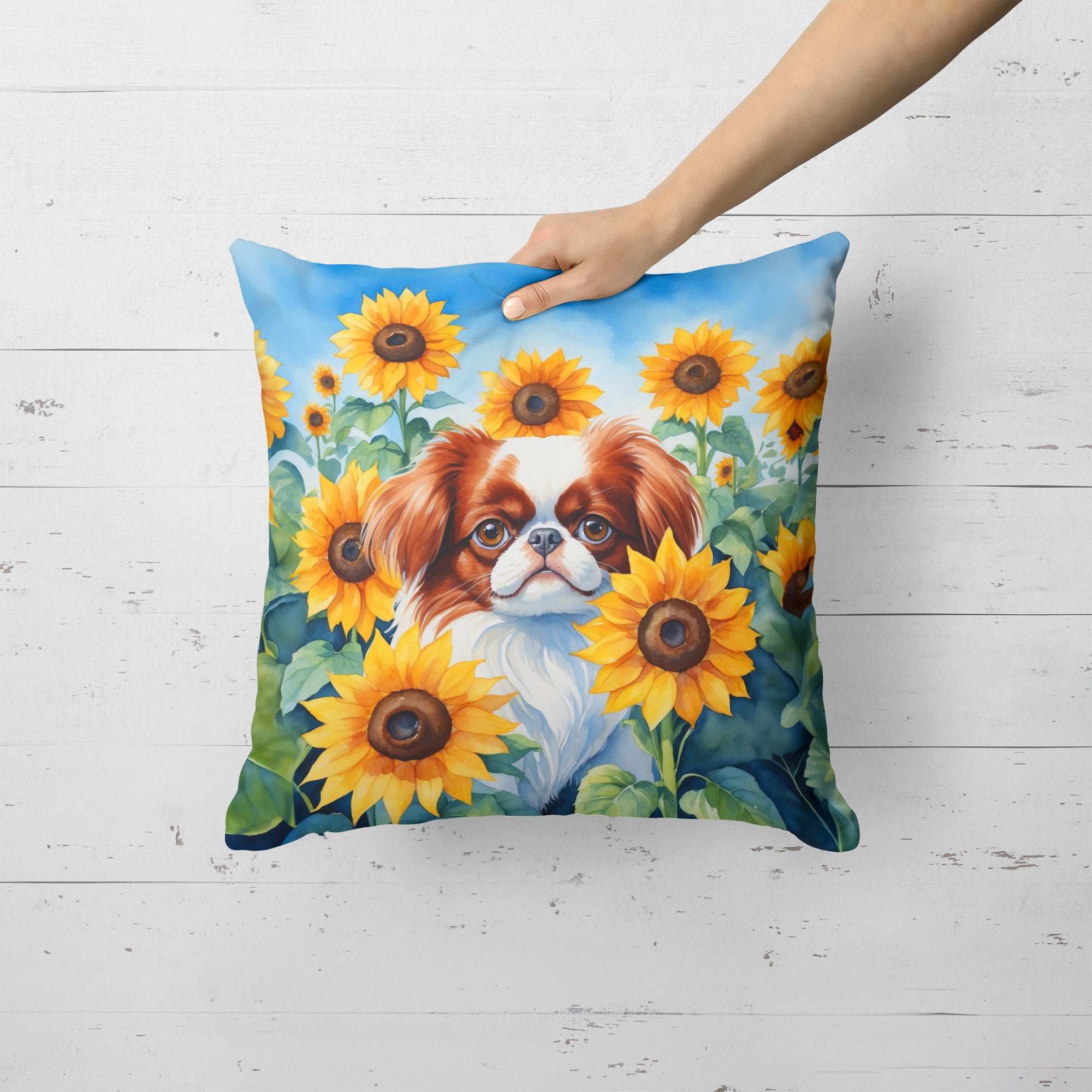 Japanese Chin in Sunflowers Throw Pillow 18 in x 18 in