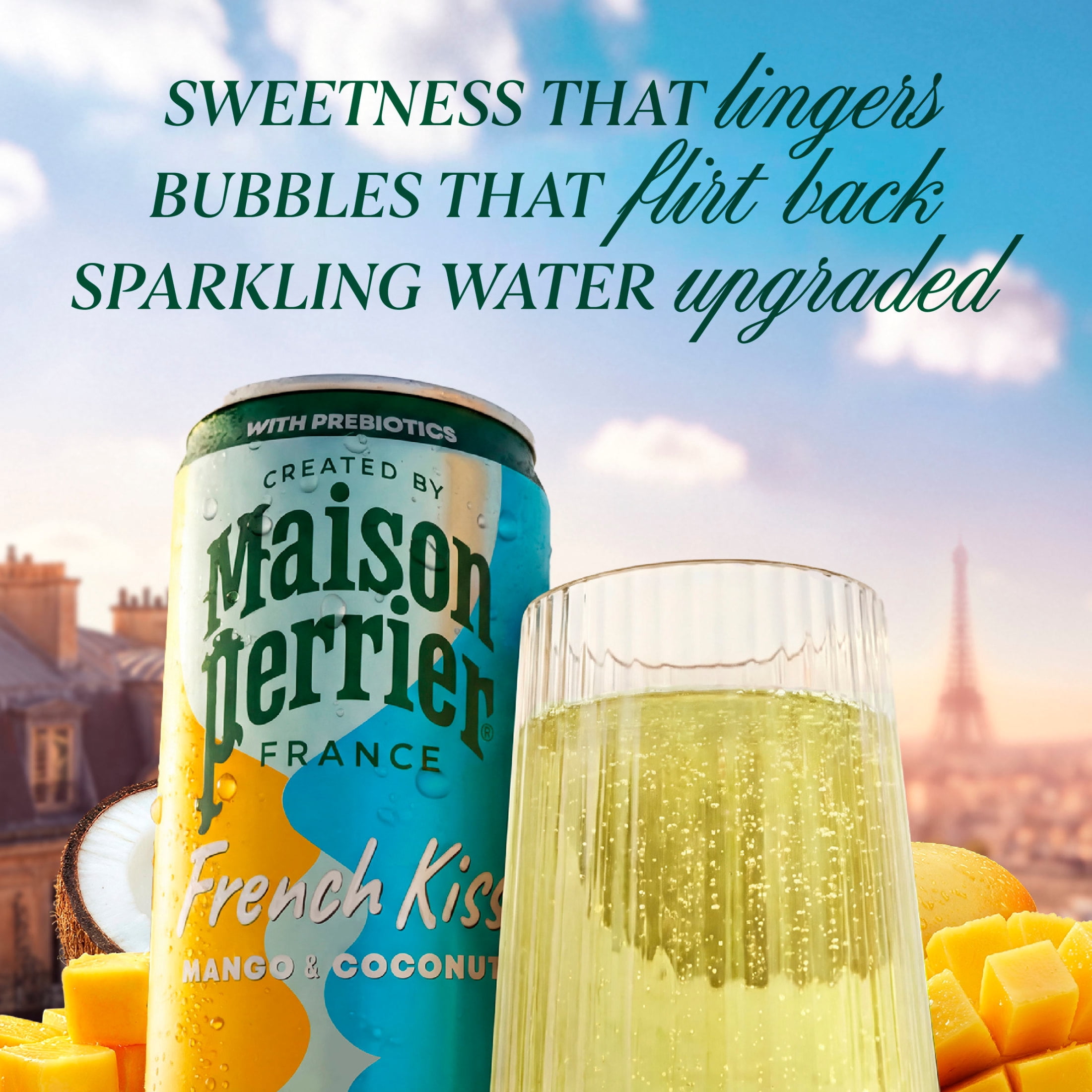 Maison Perrier French Kiss Sweetened Sparkling Water, Mango & Coconut Flavors with Real Fruit Juices, 24PK