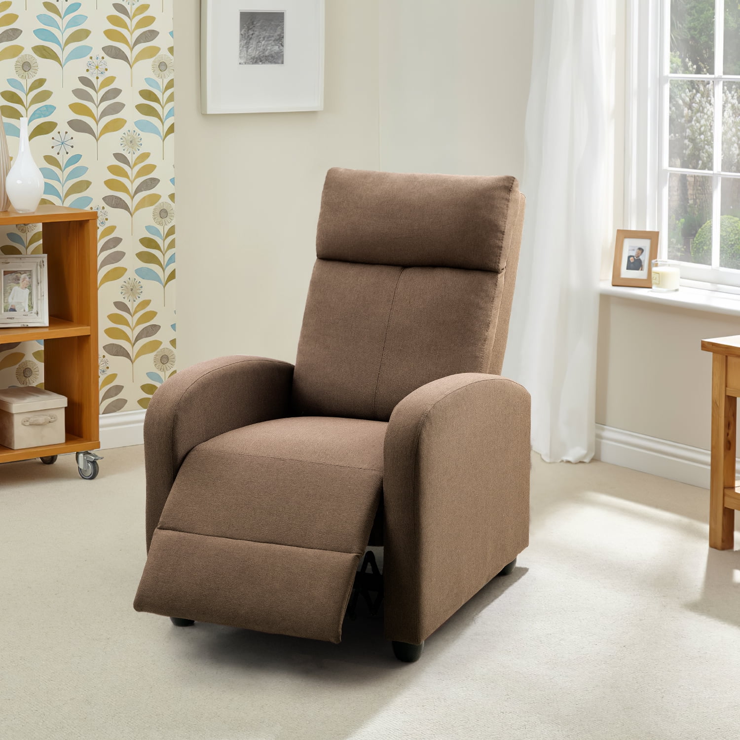 Vineego Home Theater Recliner with Padded Seat and Backrest, Brown Fabric