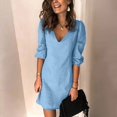 thumbnail image 3 of YMNXA Womens Summer Dress 3/4 Sleeve V Neck Solid Color Comfortable Stylish Relaxed Fit Dresses For Casual Daily Wear,Blue,Xxxl, 3 of 8