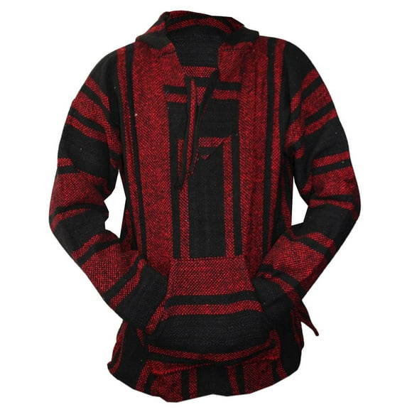 Mexican Baja Hoodie Hippie Surf Poncho Sweater Sweatshirt Pullover Jerga (Medium, Red/Black)