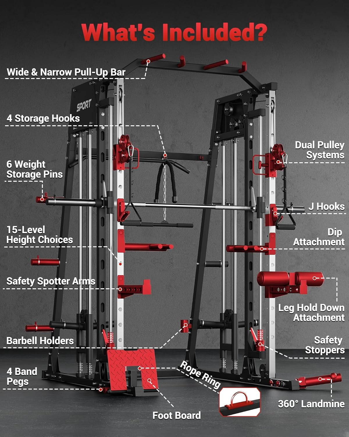 IdealHouse 2200LBS Smith Machine Home Gym, All-in-One Power Cage Squat Rack with LAT Pull-Down, Dual Pulleys & Attachments, Black