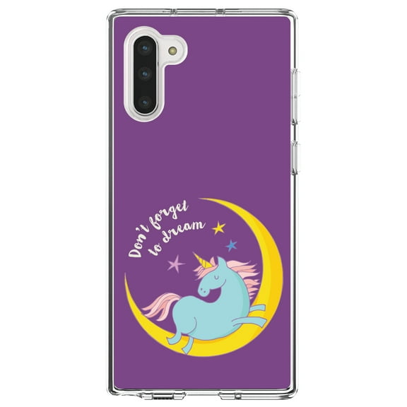 DistinctInk Clear Shockproof Hybrid Case for Samsung Galaxy Note 10 (6.3" Screen) - TPU Bumper, Acrylic Back, Tempered Glass Screen Protector - Unicorn Moon - Don't Forget to Dream