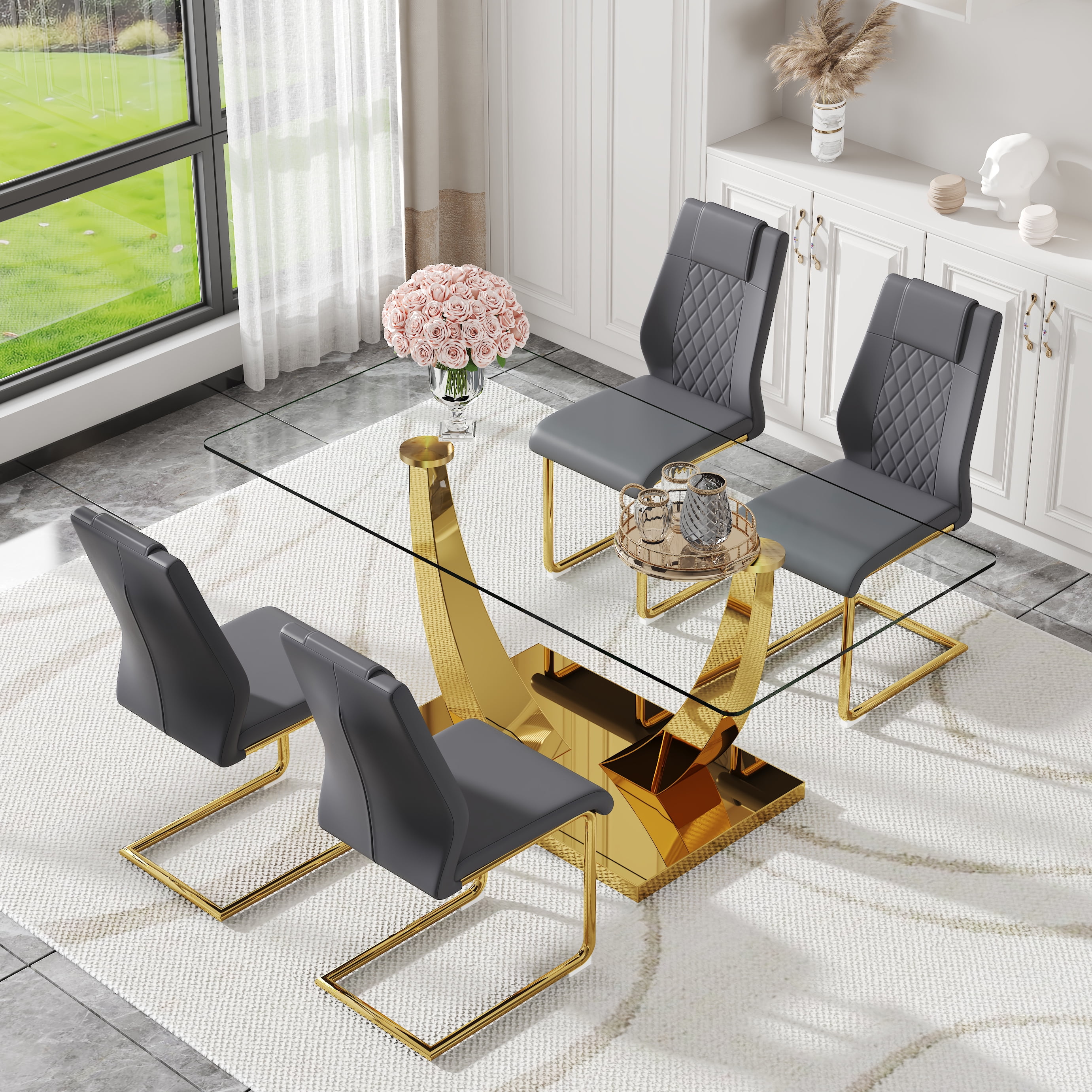 NYEESS Set of 4 Dark Gray Armless Dining Chairs with Waterproof Faux Leather Upholstered Seat Gold Electroplated Metal Frame for Kitchen Dining Room