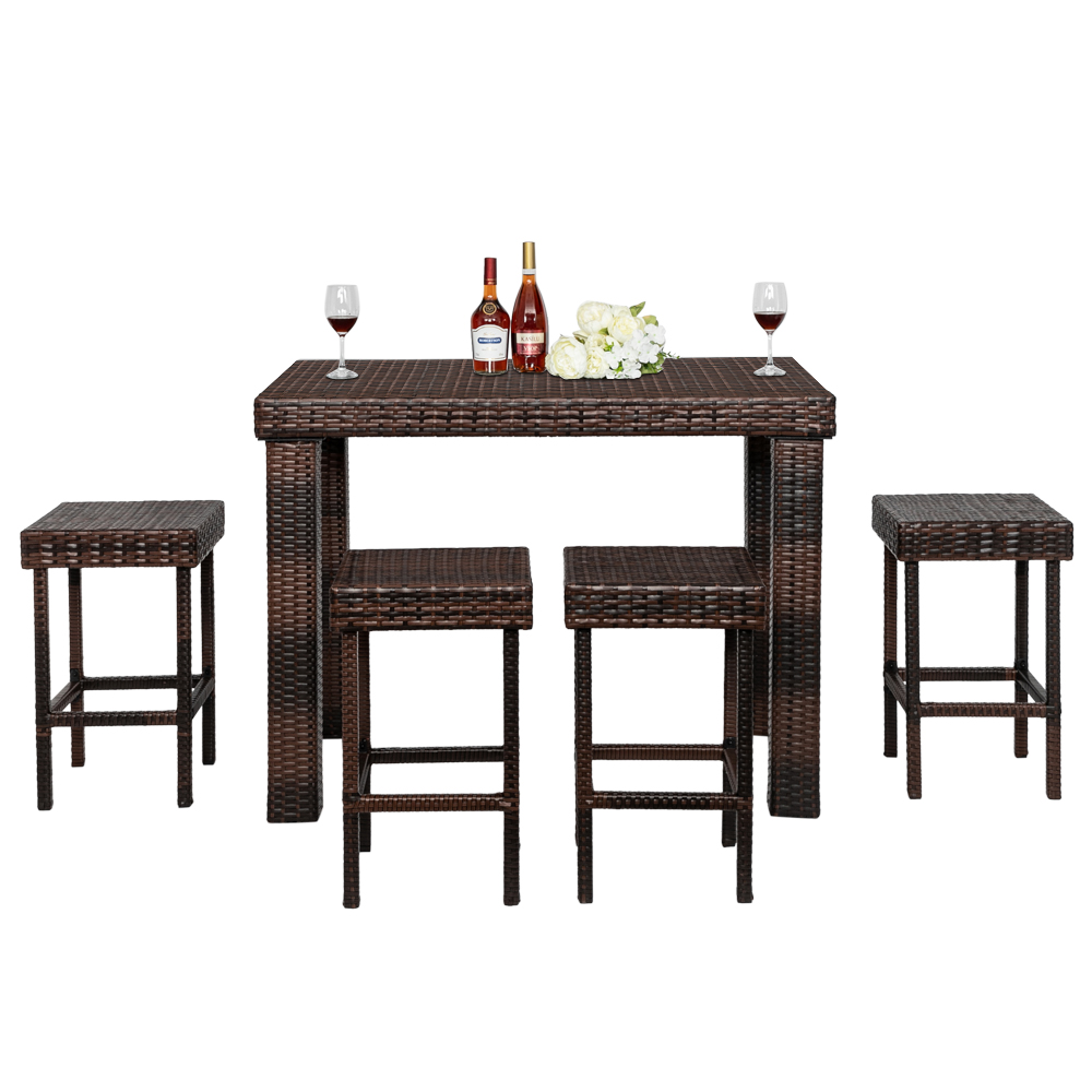 5 Piece Wicker Bistro Set, Patio Rattan Conversation Dining Table Set, Outdoor Patio Wicker Bar