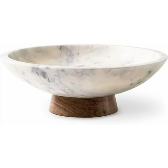 Marble Decorative Bowl for Home Decor - Handcrafted Natural Stone with Acacia Wood Pedestal - Versatile 11" Catch All for Entryway, Kitchen Fruit Bowl, Potpourri, Dining Table Centerpiece